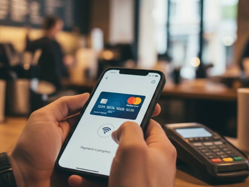 فردی در حال استفاده از کیف پول دیجیتال روی موبایل در کنار دستگاه کارت‌خوان برای پرداخت سریع