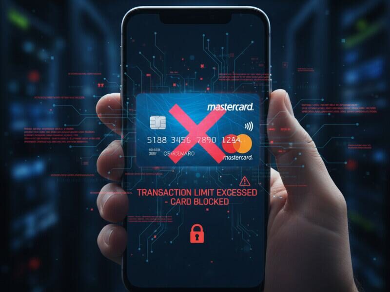 نمایش مستر کارت مجازی روی موبایل با نماد محدودیت تراکنش و کنترل‌های امنیتی
